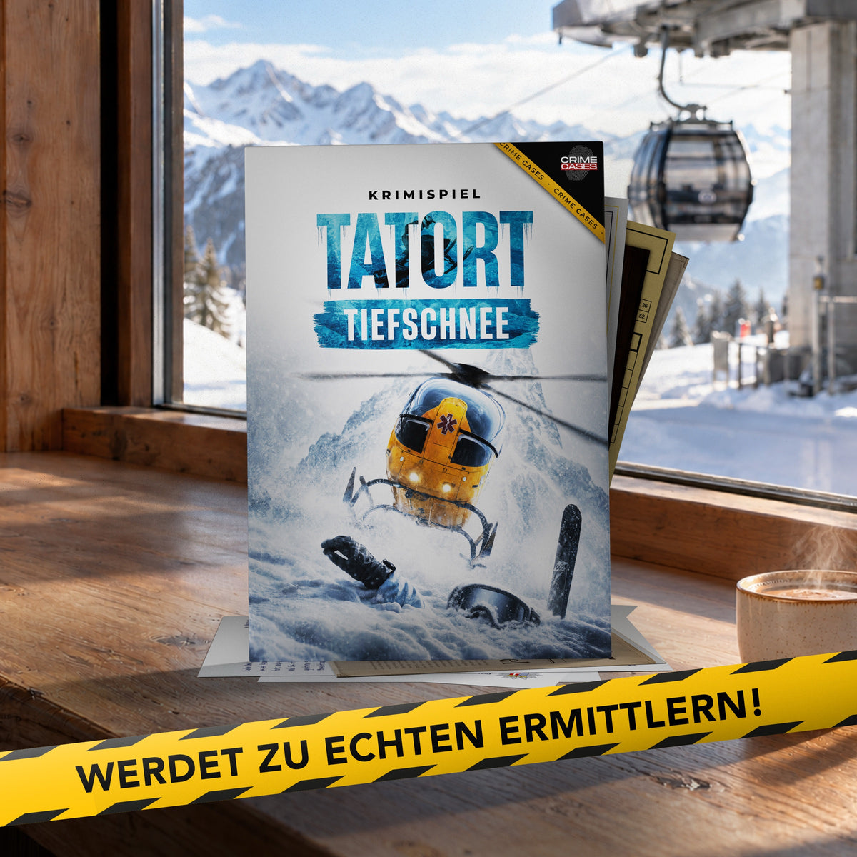 Krimispiel Tatort Tiefschnee in einer Skihütte vor Bergpanorama: Werdet zu echten Ermittlern