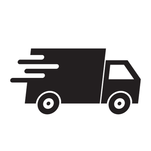 Eine schwarze Silhouette eines Lieferwagens mit Bewegungslinien, die Geschwindigkeit oder Bewegung anzeigen, vor einem schlichten weißen Hintergrund.