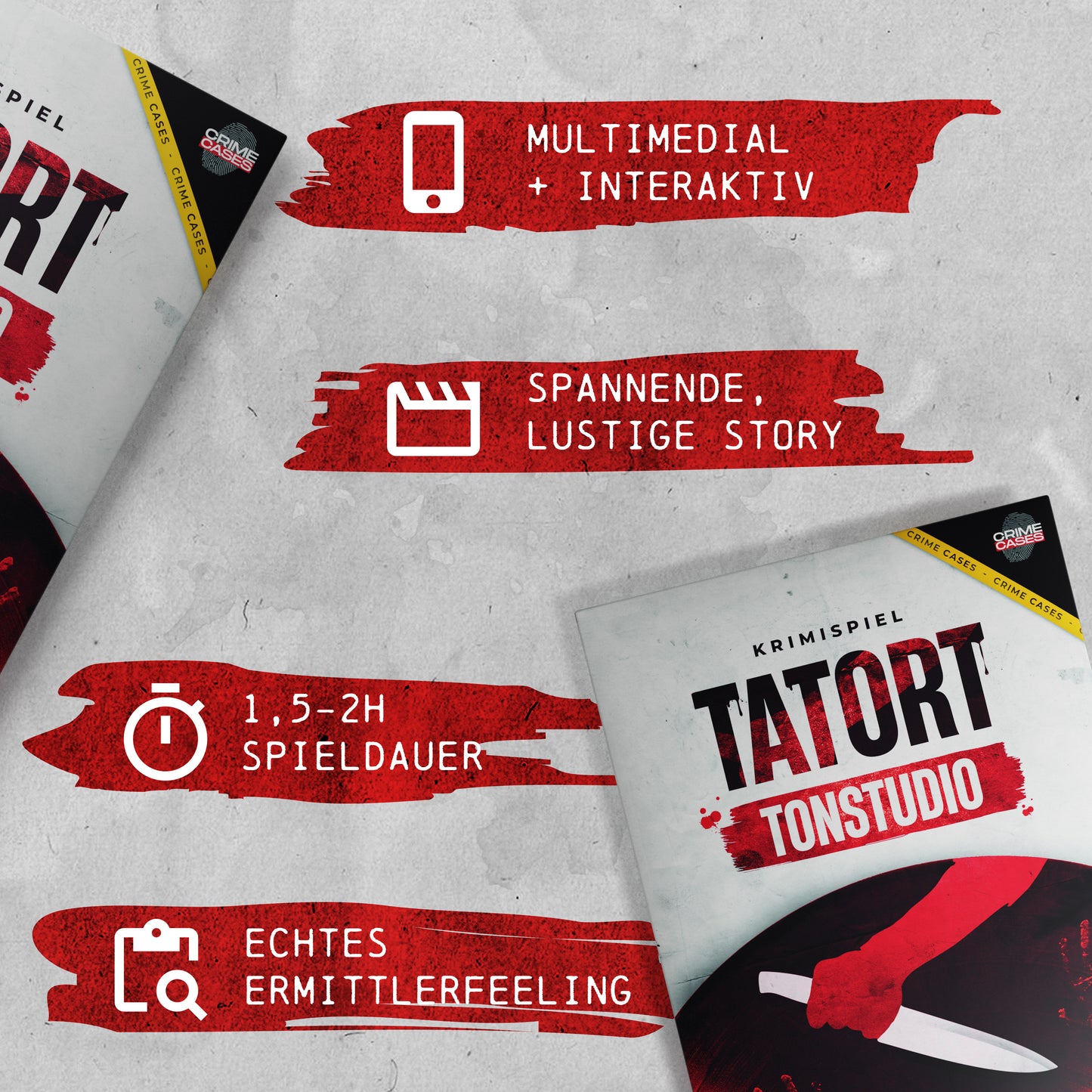 Ein Werbebild für das Brettspiel „Tatort Krimispiel Bundle – 3 Fälle“. Multimediales und interaktives Gameplay, eine spannende und lustige Geschichte, 1,5–2 Stunden Spielzeit und ein echtes Kriminalfälle-Erlebnis. Der Text ist auf Deutsch.