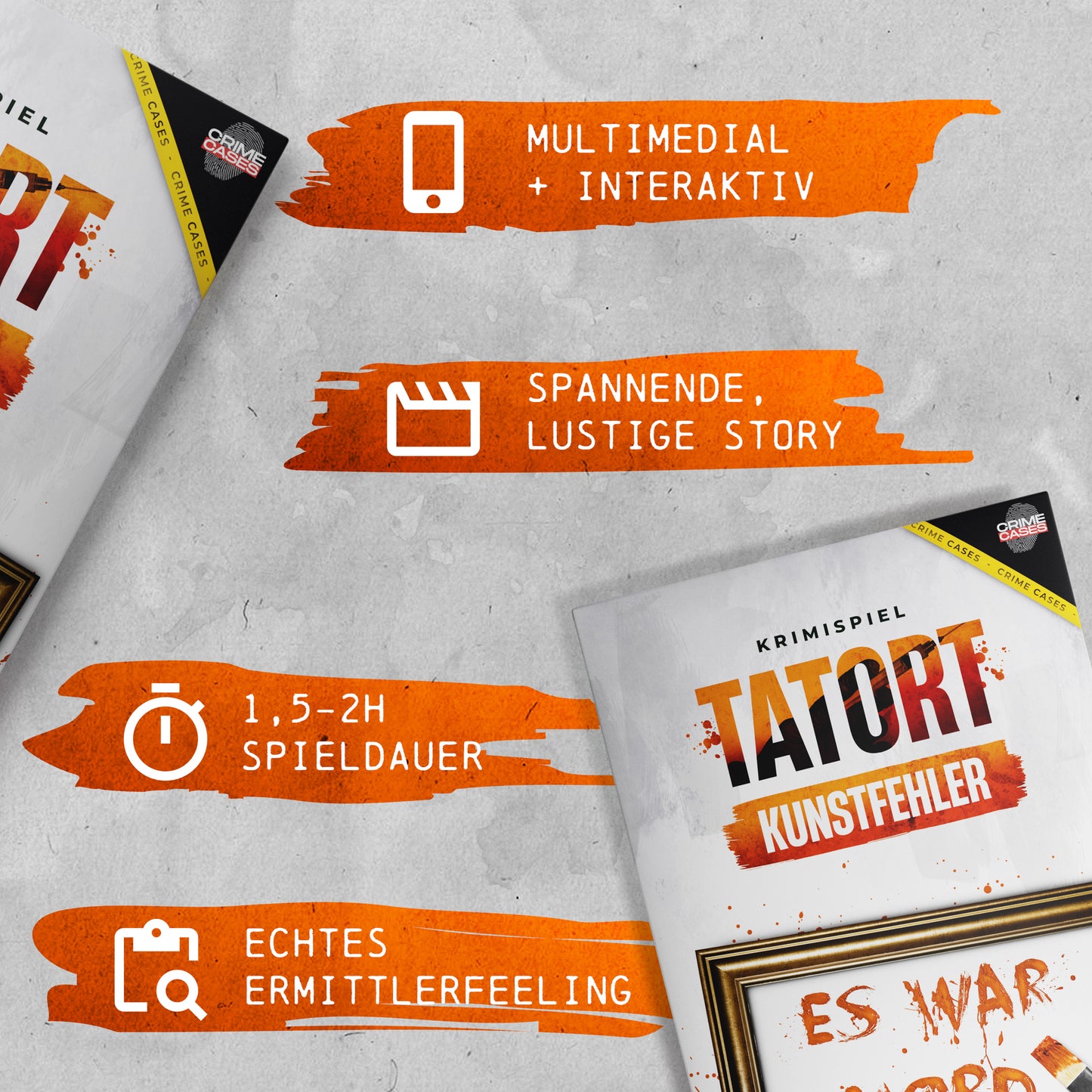 Das Bild zeigt Werbematerial für „Krimispiel: Tatort Kunstfehler“ und hebt dessen „multimediale und interaktive“ Elemente, die spannende, lustige Story und die 1,5- bis 2-stündige Spieldauer hervor. Erleben Sie mit diesem Detektivspiel ein authentisches Detektivabenteuer, das echten Polizeiermittlungen ähnelt.