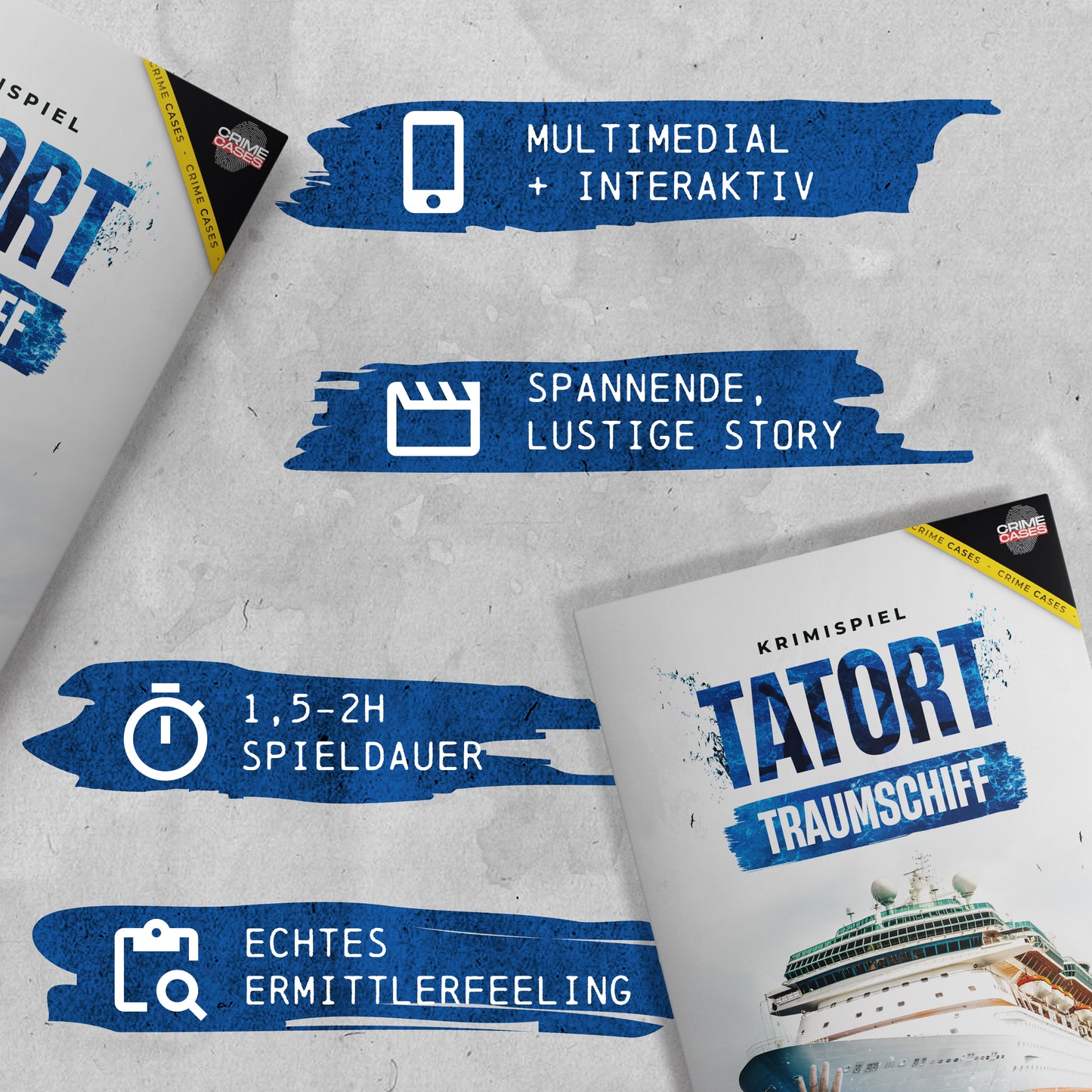 Eine Werbung für Krimispiel: Tatort Traumschiff mit teilweise sichtbarer Box hebt das Spiel mit Phrasen wie „multimedial + interaktiv“, „spannende, lustige Story“, „1,5-2h Spieldauer“ und „echtes Ermittlerfeeling“ hervor. Tauchen Sie ein in dieses Krimispiel mit Symbolen und einer Kreuzfahrtschiff-Kulisse.