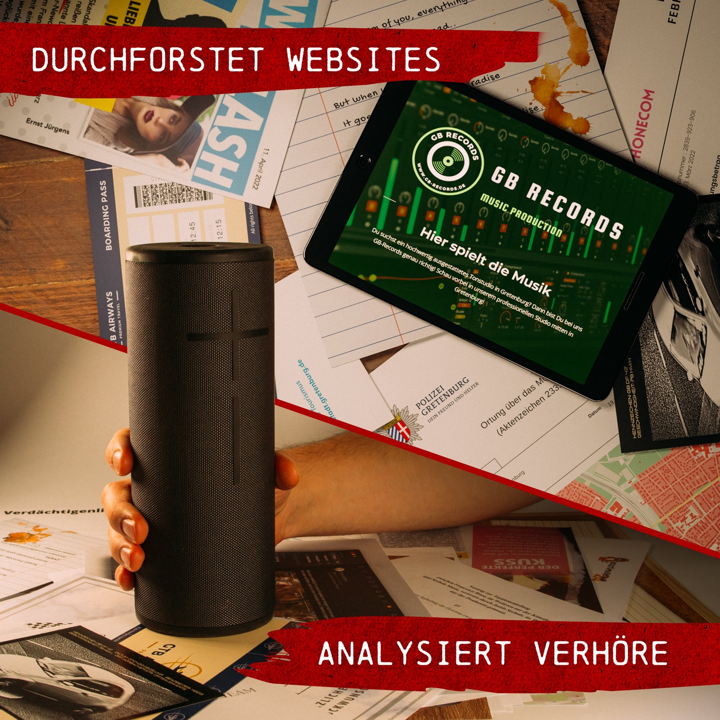Eine Person hält einen schwarzen Smart Speaker über Papiere unter einer roten Linie. Ein Tablet präsentiert Musikinhalte von „GB Records“. Fettgedruckte rote Schriftzüge „Durchforstet Websites“ und „Analysiert Verhöre“ erinnern an Elemente des fesselnden Detektivspiels „Tatort Krimispiel Bundle – 3 Fälle“.