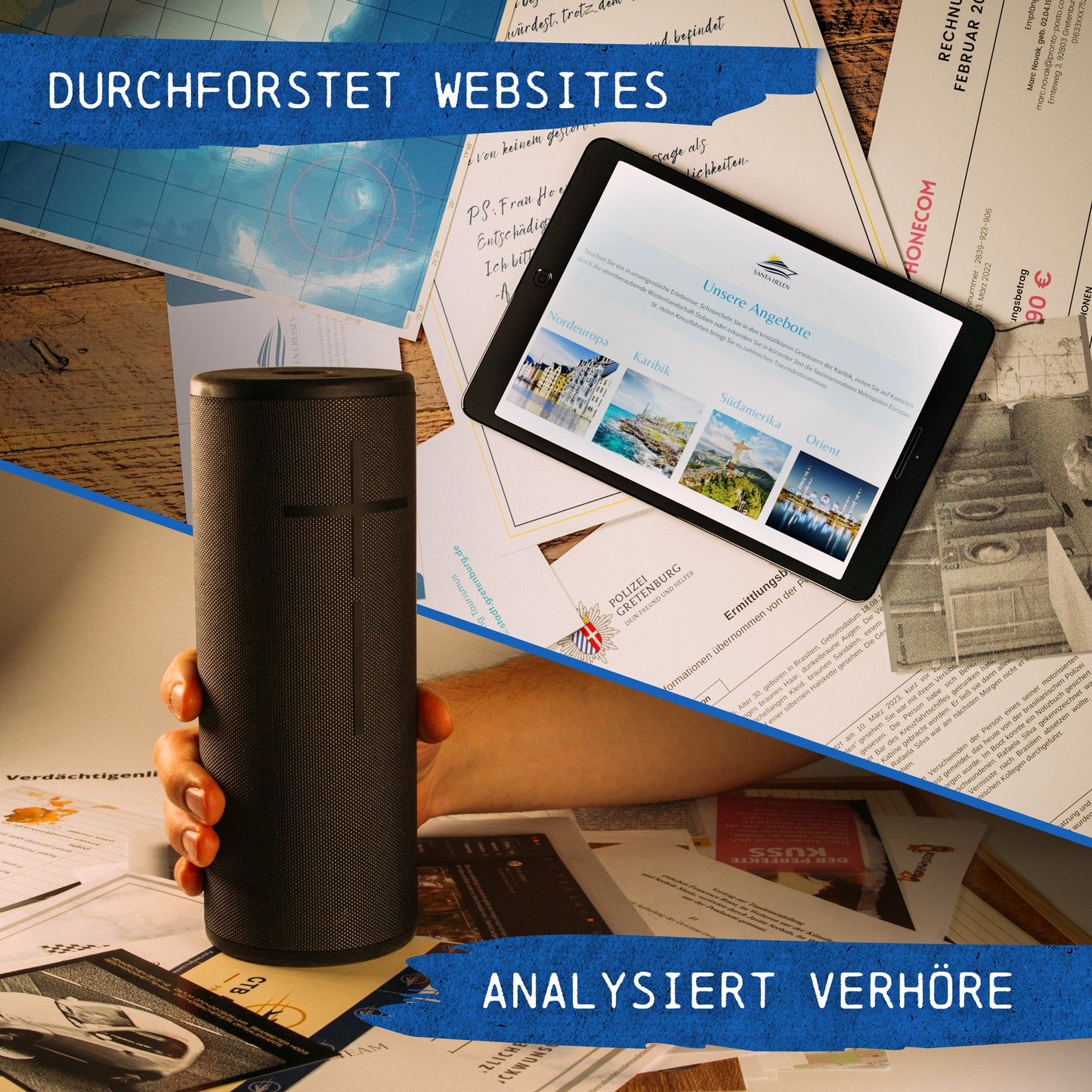 Das Bild ist diagonal geteilt und zeigt Elemente aus „Krimispiel: Tatort Traumschiff“: Dokumente, eine Karte und oben ein Tablet mit der Aufschrift „DURCHFORSCHT-WEBSITES“. Unten hält eine Hand einen Redner über Dokumente mit der Aufschrift „ANALYSIERT VERHÖRE“ und bietet einen faszinierenden Einblick in die Polizeiermittlungen.