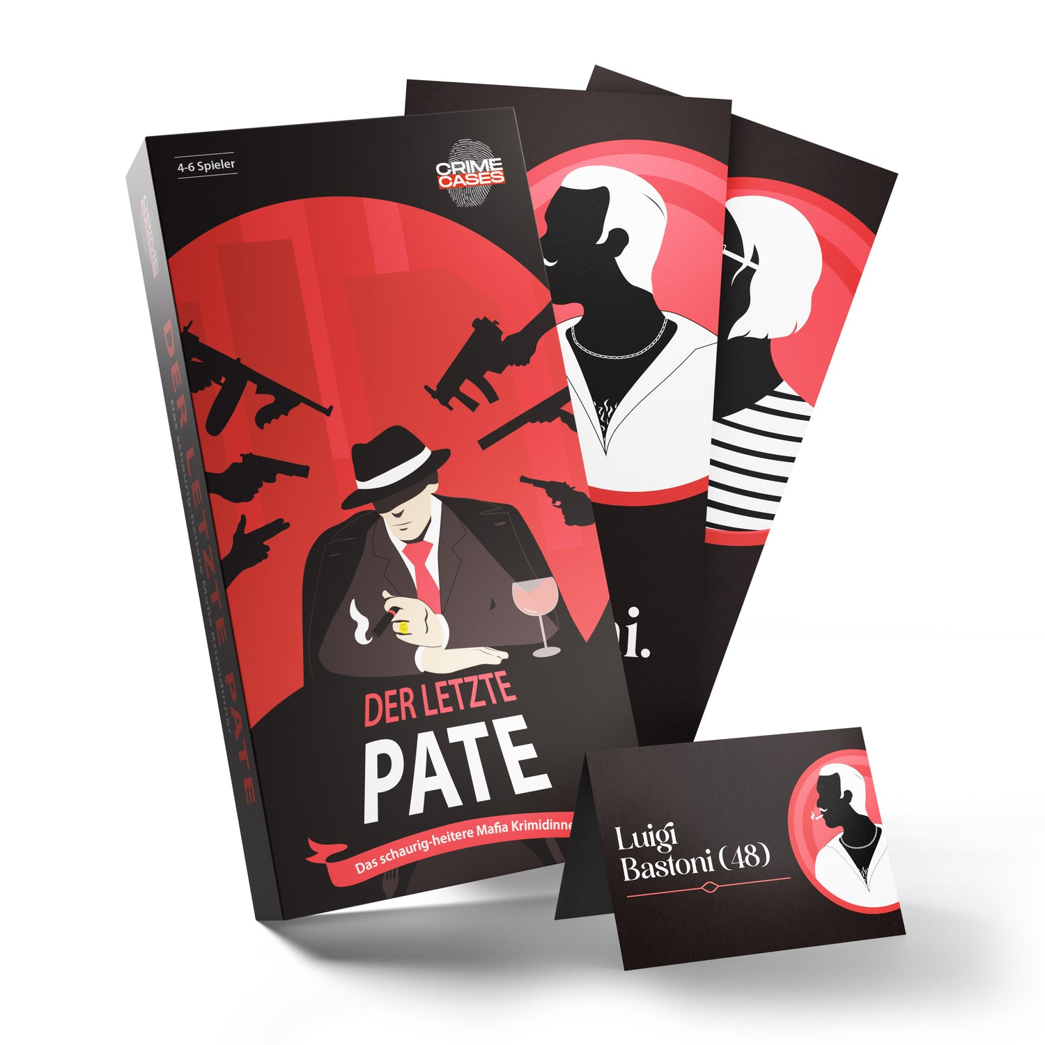 Eine Brettspielbox mit dem Titel „Der Letzte Pate“ zeigt eine Person mit Fedora und Anzug, die eine Zigarre und ein Whiskyglas hält. Zwei Charakterkarten und eine Karte mit der Aufschrift „Luigi Bastioni (48)“ liegen bei. Das Design ist in Rot, Schwarz und Weiß gehalten.