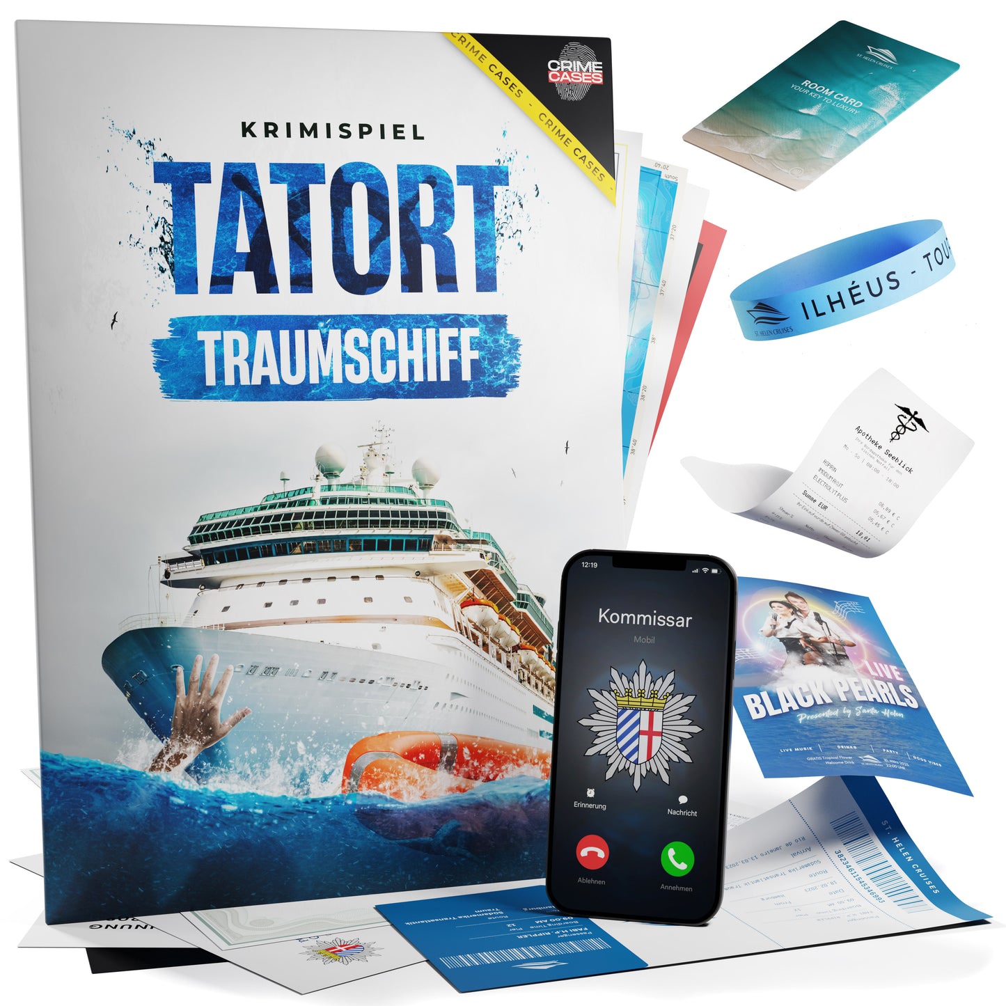 Die Spielbox „Krimispiel: Tatort Traumschiff“ bietet mit ihrer Kreuzfahrtschiff-Hülle und spannenden Requisiten wie Papieren, einem Armband, einem Telefon mit Anrufanzeige und einer Quittung eine ideale Kulisse für Ihre Detektivabenteuer.