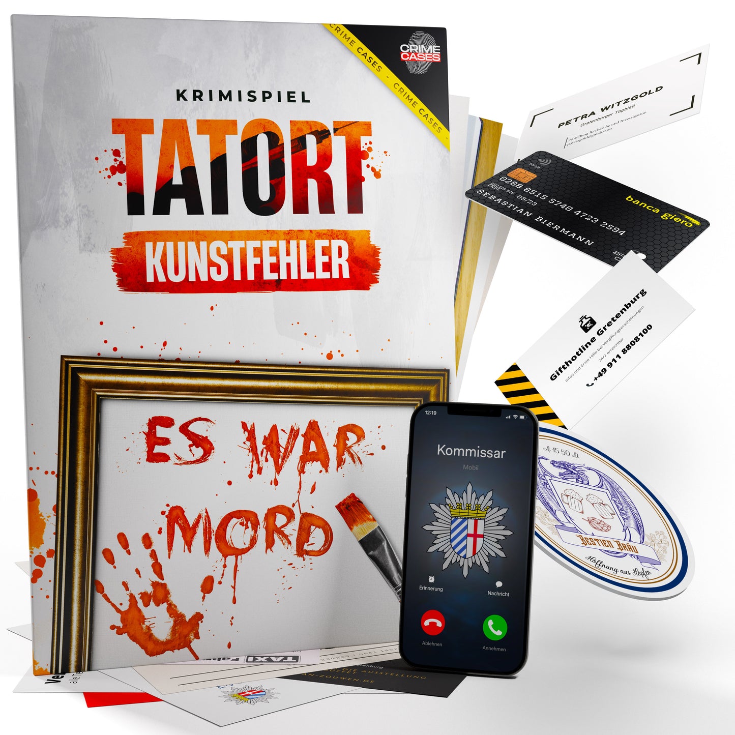 „Krimispiel: Tatort Kunstfehler“ ist ein spannendes Detektivspiel mit Pinseln, Rahmen und roter Farbe. Tauchen Sie mit Ihrem Smartphone, Visitenkarten, Abzeichen und Verdächtigenlisten in das Krimi-Erlebnis ein und lüften Sie das Geheimnis, das der Text verkündet: „Es war Mord.“.