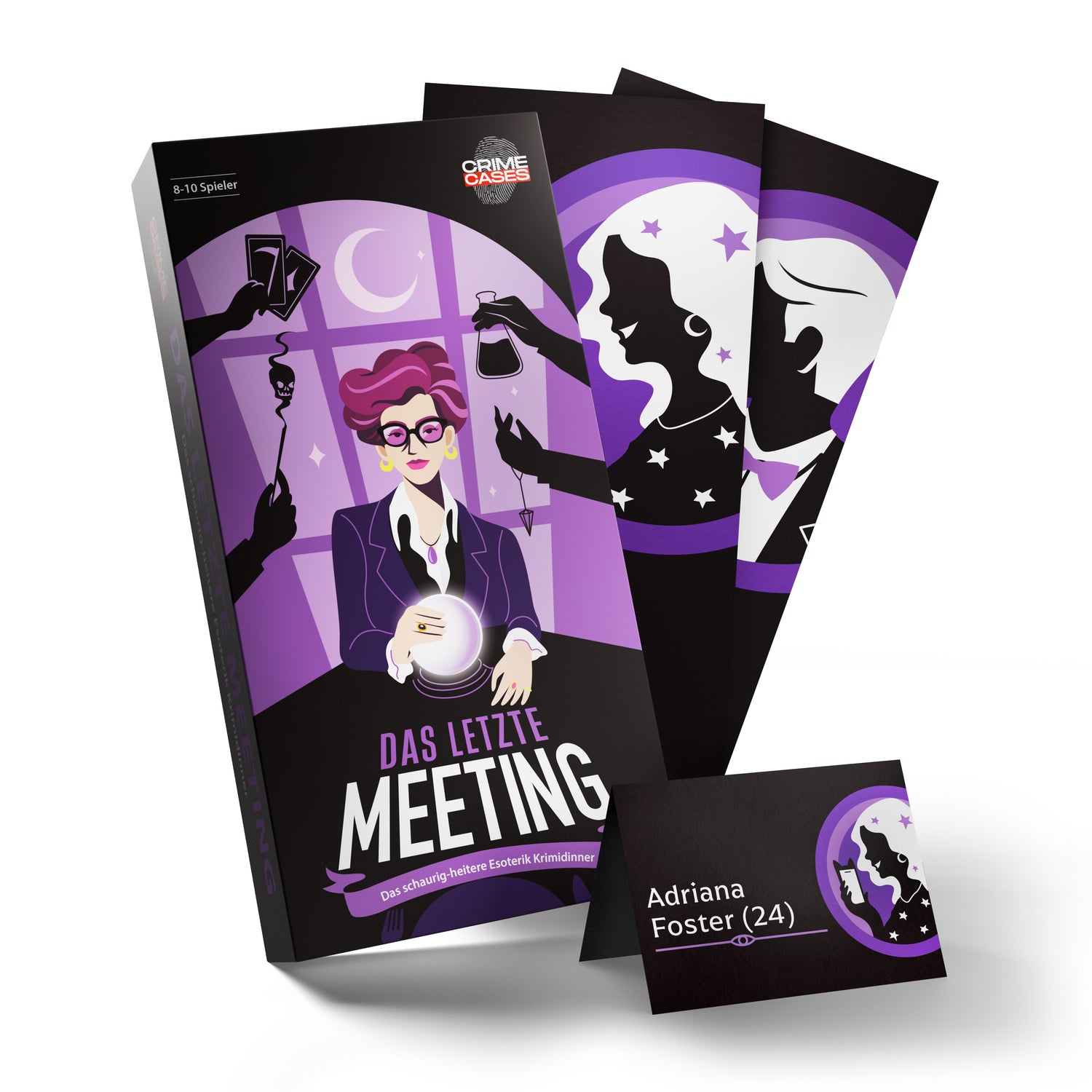 Das Box- und Kartenspielset „Krimidinner ‚Das letzte Meeting‘ 8-10 Personen“ ist in lila und schwarz gehalten. Es enthält Karten mit Silhouetten-Illustrationen, eine davon verrät Namen und Alter, und eine Comic-Frau mit Kristallkugel und Brille – perfekt für spannende Krimi-Dinner zu Hause.