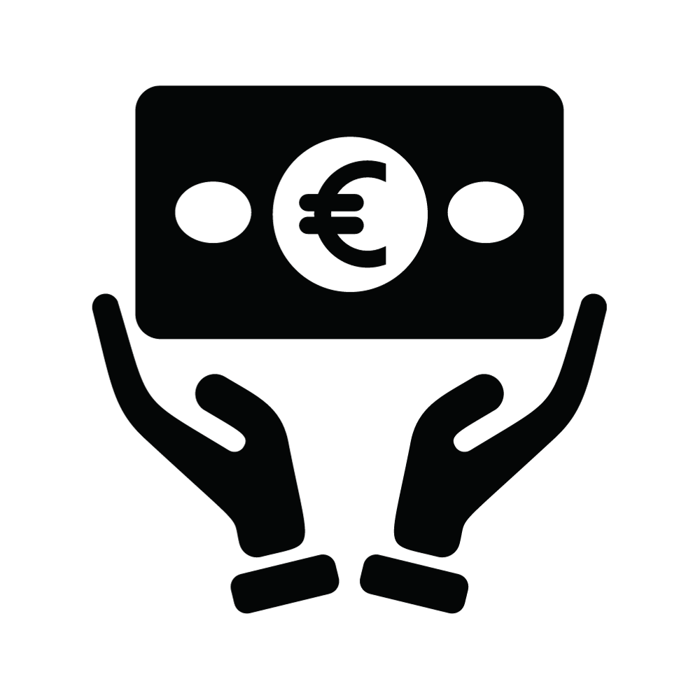 Silhouette zweier Hände, die eine Banknote mit einem Euro-Symbol in der Mitte halten.