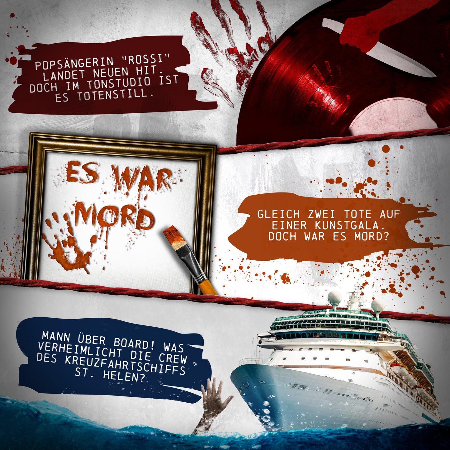 Eine Collage mit Krimimotiven, einer roten Schallplatte, blutigen HandabdrĂŒcken und einer Leinwand mit der Aufschrift âES WAR MORDâ sowie einem Kreuzfahrtschiff. Der Text suggeriert âTatort Krimispiel-Paket â 3 FĂ€lleâ mit einem PopsĂ€nger, zwei TodesfĂ€llen und der geheimnisvollen Crew des Kreuzfahrtschiffs.