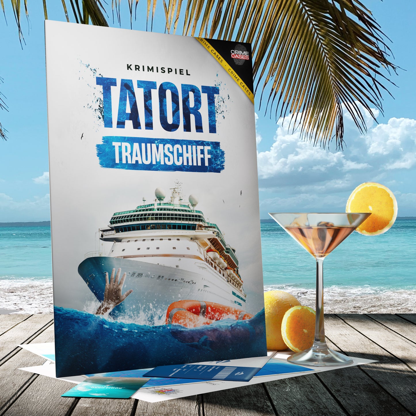 An einem sonnigen Strand mit Kreuzfahrtschiff und Meerblick spielt „Krimispiel: Tatort Traumschiff“. Ein tropischer Drink mit Zitronenscheiben und sanft wiegende Palmwedel bilden die ideale Kulisse für dieses spannende Detektivspiel.