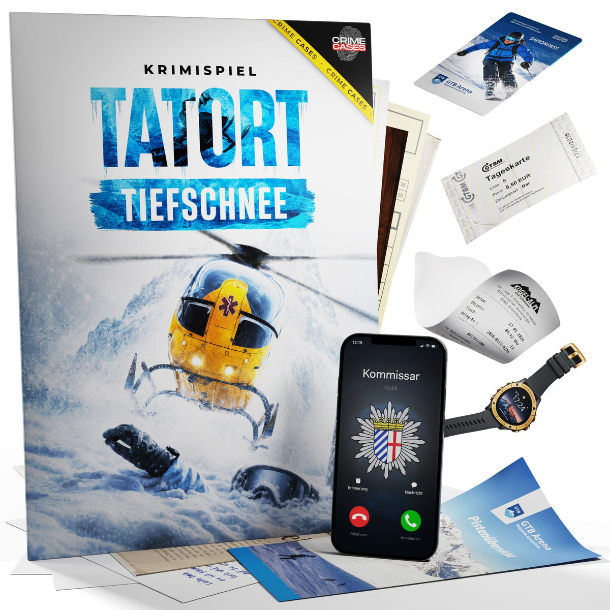 Krimispiel Tatort Tiefschnee von Crime Cases mit Beweismaterialien wie Saisonpass, Tageskarte, Kassenbon und Pistenübersicht und einem Anruf vom Kommissar