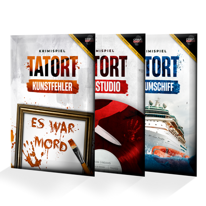 Drei Brettspielboxen sind ausgestellt. Jede trägt die Aufschrift „TATORT“ und zeigt Themen wie „Kunstatelier“ und „Kreuzfahrtschiff“. Ein Cover zeigt eine gerahmte Botschaft mit Handabdrücken, ein anderes eine rote Schallplatte und ein weiteres ein Kreuzfahrtschiff.