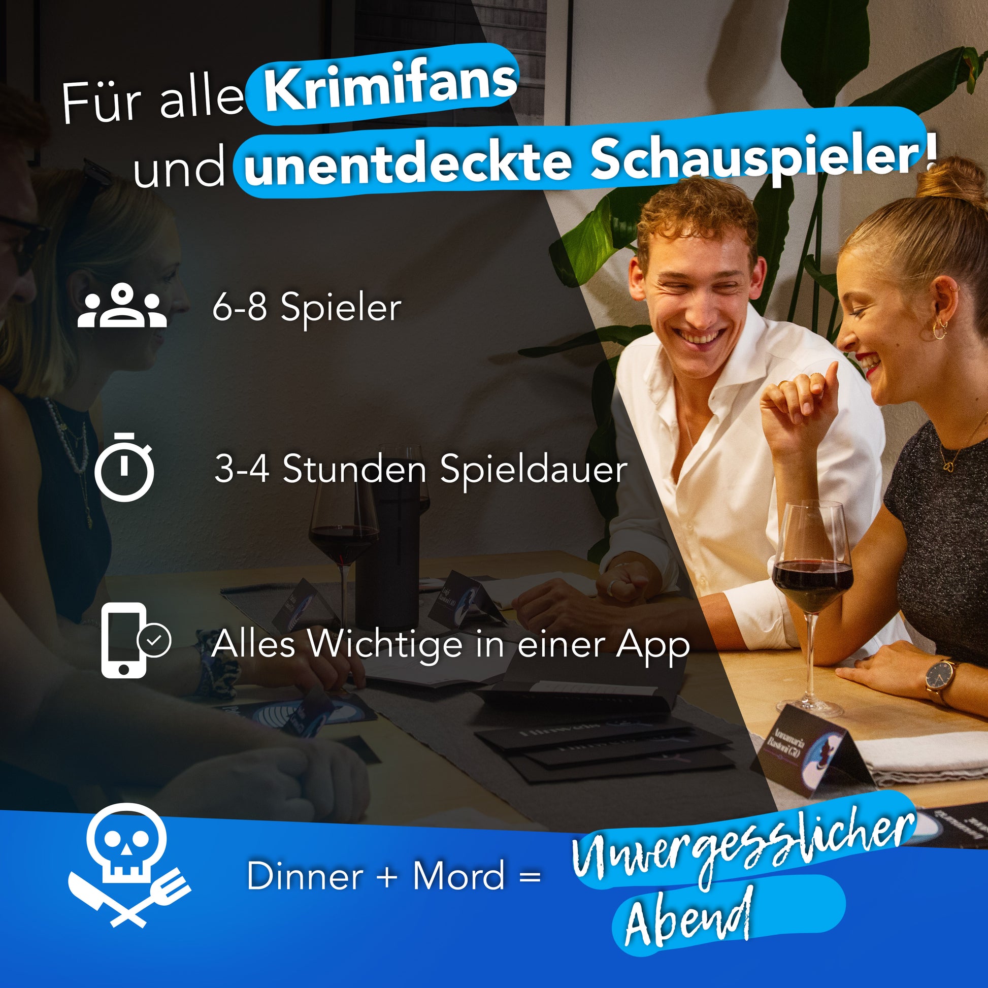 Drei Personen sitzen lächelnd an einem Tisch und spielen mit. Der Text lautet: „Für Krimifans und unbekannte Schauspieler.“ Entdecke Spielzeit mit App-Details, Krimidinner-Thema und dem Slogan „Dinner + Mord = Unvergesslicher Abend“. Produkt: Krimidinner-Bundle für zuhause – 3 Abendessen für 4–10 Personen.
