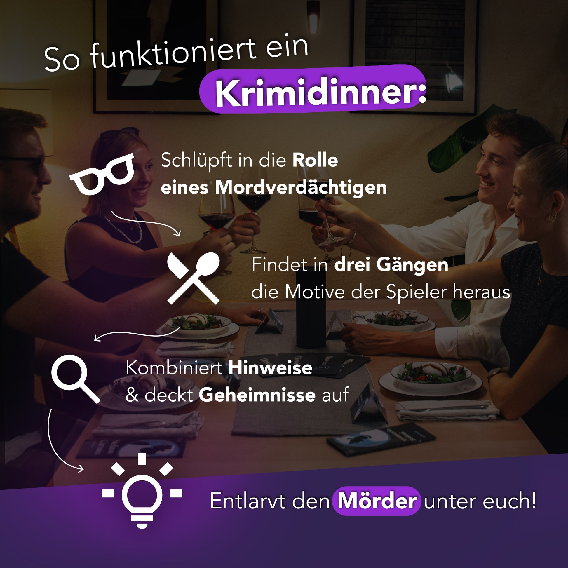 Vier Personen stoßen an einem Tisch auf das fesselnde „Krimidinner 'Das letzte Meeting'“-Erlebnis zu Hause an. Werden Sie zum Mordverdächtigen, entdecken Sie Motive in drei Gängen und lüften Sie Geheimnisse auf dieser spannenden Spielwebsite, um den Mörder zu entlarven. Für 8–10 Personen.