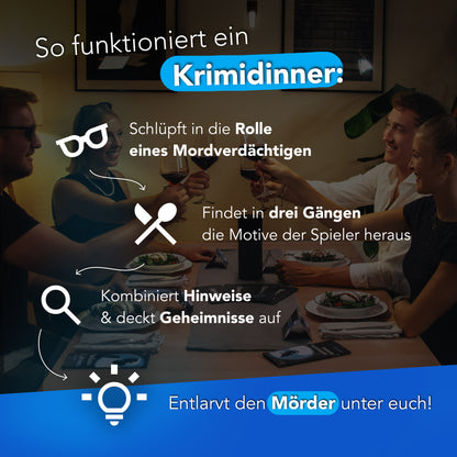 An einem Tisch stoßen vier Personen beim Krimidinner „Das letzte Konzert“ für sechs bis acht Teilnehmer an. Sie schlüpfen in Rollen, lösen in drei Gängen Motive und entlarven den Mörder mithilfe von Hinweisen wie Lupen und Anspielungen auf die Band „Of Man and Snakes“.