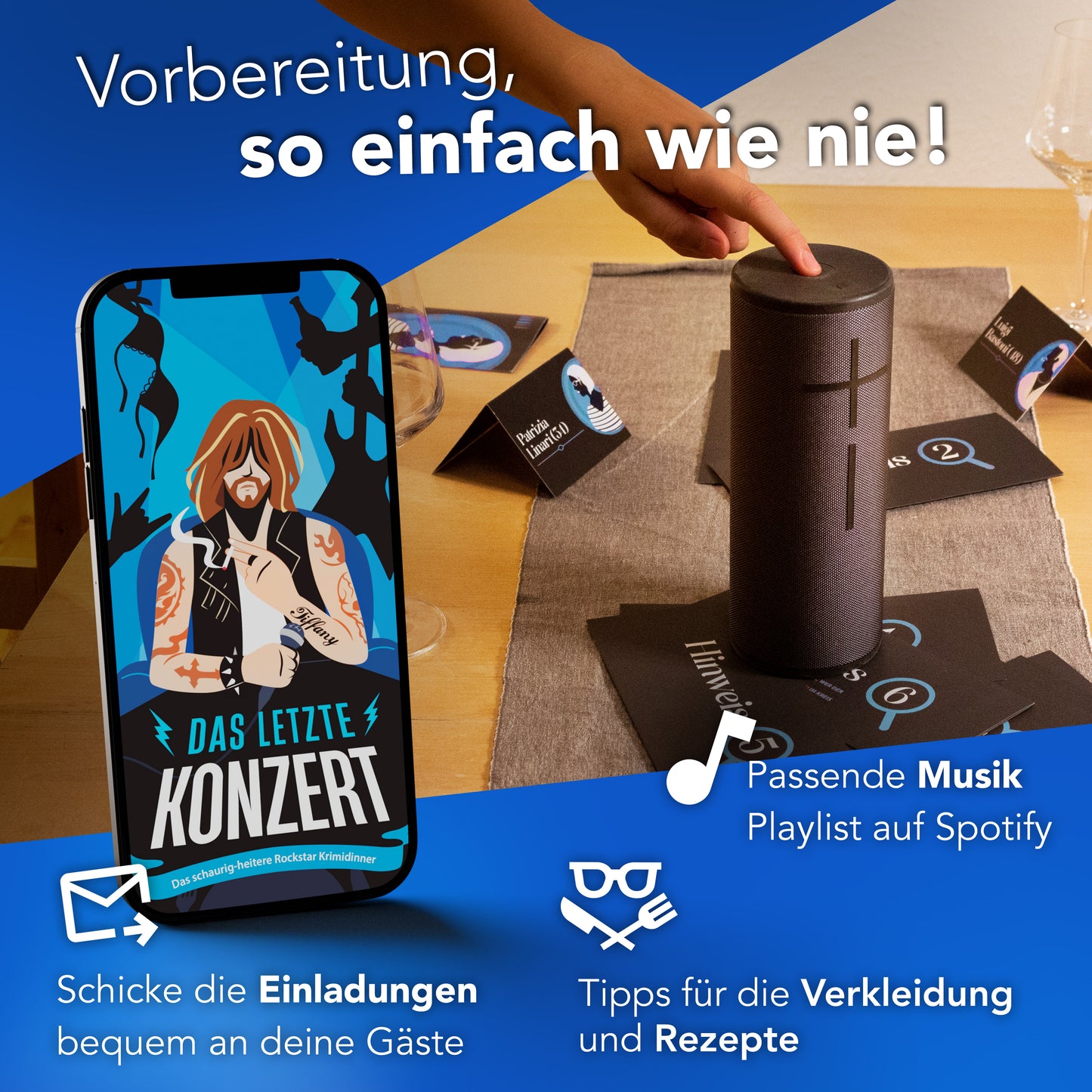 Eine Hand richtet einen Lautsprecher mit einem Musiknoten-Symbol neben einem Smartphone mit dem Plakat „Das letzte Konzert“ aus. Der deutsche Text bietet Tipps zur Partyvorbereitung, wie Einladungen und Playlist-Ideen. Ideal für die perfekte Stimmung beim Krimidinner. Produkte: Krimidinner-Paket für zuhause – 3 Abendessen für 4–10 Personen.