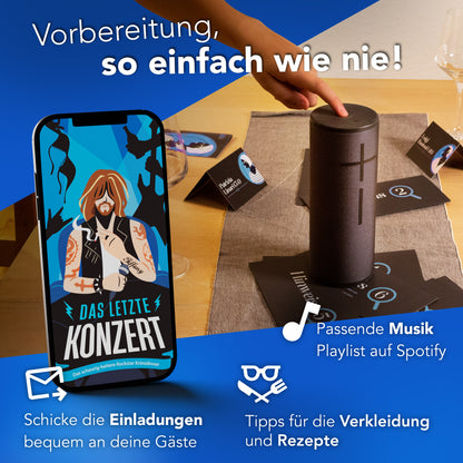 Eine Hand richtet einen Lautsprecher mit einem Musiknoten-Symbol neben einem Smartphone mit dem Plakat „Das letzte Konzert“ aus. Der deutsche Text bietet Tipps zur Partyvorbereitung, wie Einladungen und Playlist-Ideen. Ideal für die perfekte Stimmung beim Krimidinner. Produkte: Krimidinner-Paket für zuhause – 3 Abendessen für 4–10 Personen.