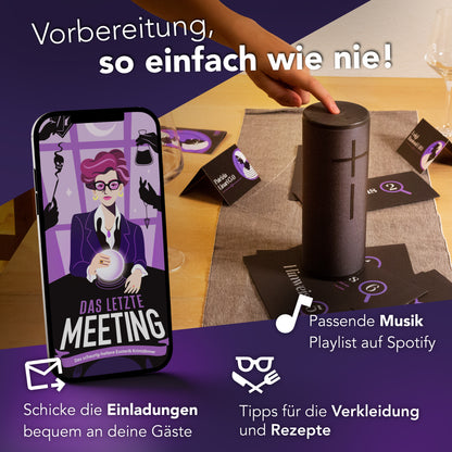 Auf einem Tischgedeck sind ein Lautsprecher, ein Smartphone mit einer Einladung zum Krimidinner „Das letzte Meeting“, Besteck auf einem Tischset und kleine Notizkarten zu sehen. Der deutsche Text bietet einfache Tipps zur Vorbereitung von Musik, Kleidung, Einladungen und Rezepten für die Veranstaltung zu Hause.