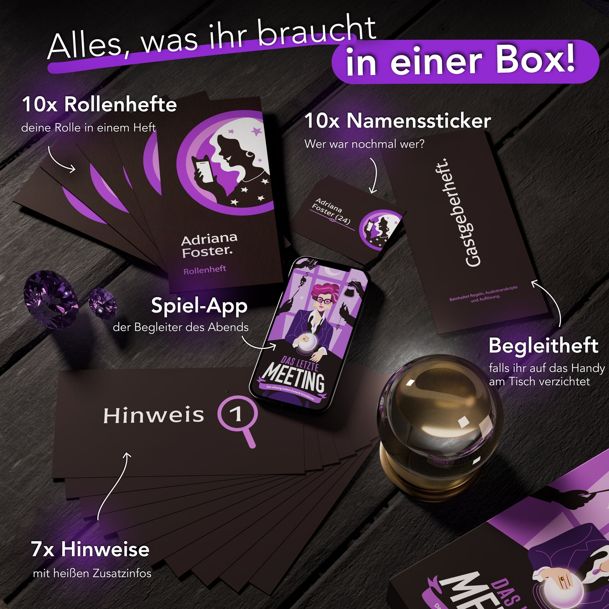 Das Krimidinner „Das letzte Treffen“ für 8-10 Personen beinhaltet 10 Rollenhefte, 10 Namensaufkleber, 7 Hinweiskarten, eine Spiele-App fürs Smartphone und eine kleine Kristallkugel – alles, was man für eine spannende Kriminacht zu Hause braucht, ganz ohne Besuche auf der Spielwebsite.