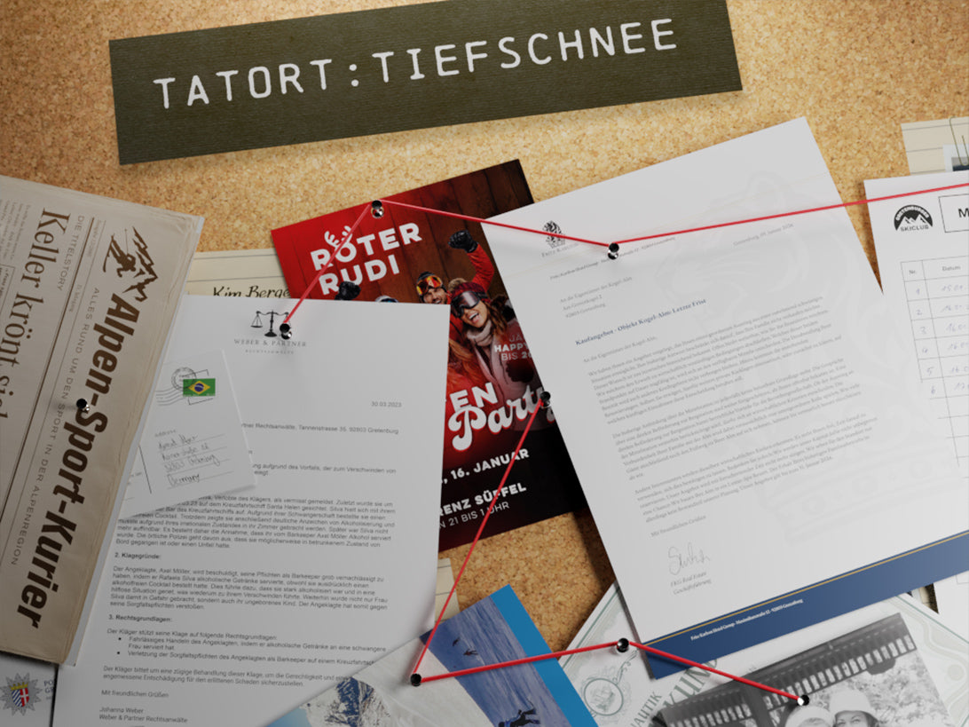Pinnwand „Tatort: Tiefschnee“ mit Beweismaterialien, Briefen und roten Fäden