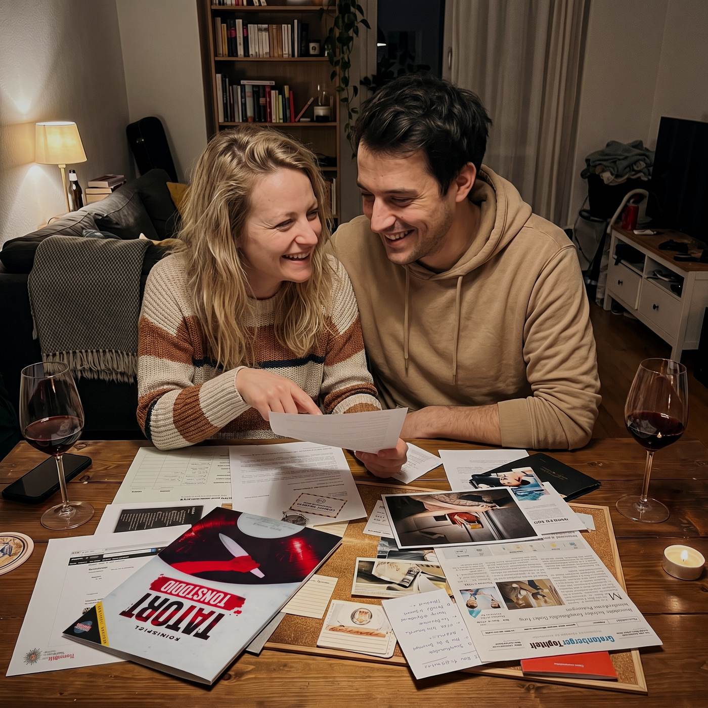 Paar löst gemeinsam einen Krimifall am Couchtisch